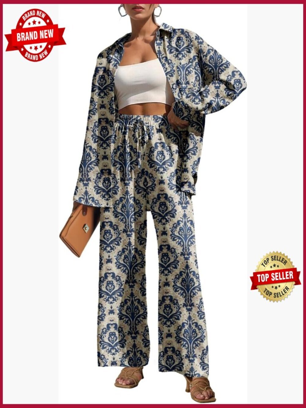 2 Piece Lounge Set Oversized Button Down Shirt Wide Leg Pants Set Women Casual